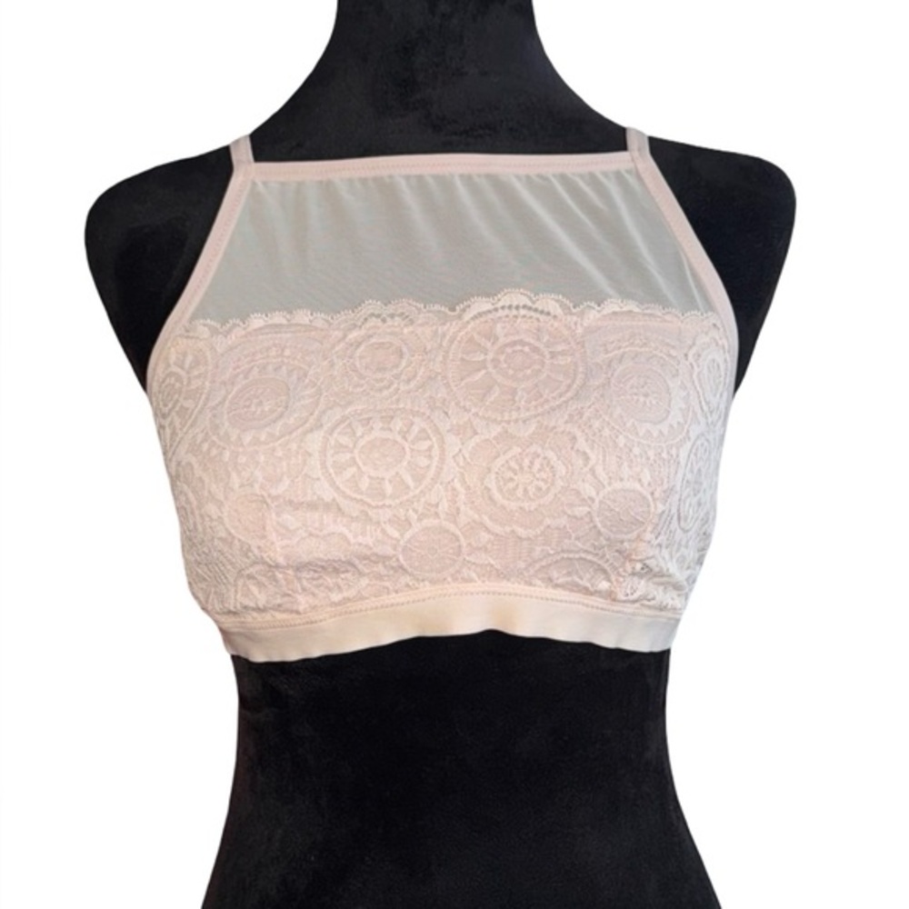 Aerie / Bra ~ Bralette / Crochet‎ Lace w Mesh / Lightly Lined / Hi-Neck / Pink L
